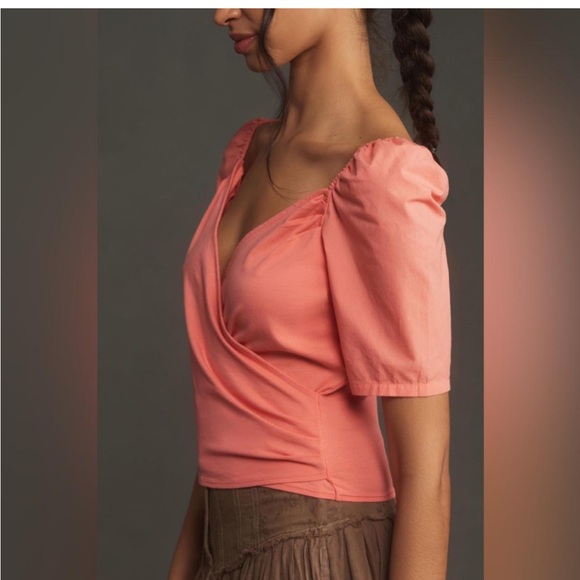 NWT Anthropologie puff sleeve faux wrap blouse in peach - Picture 2 of 2